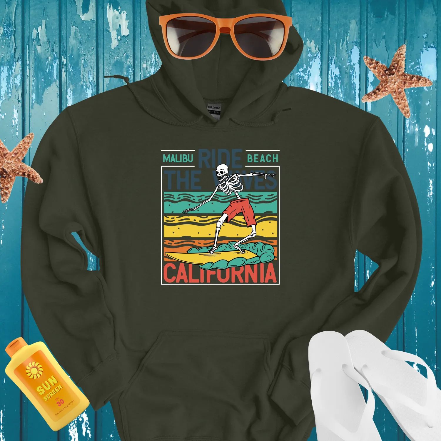 Retro Skeleton Surf Hoodie With Bright Yellow Board