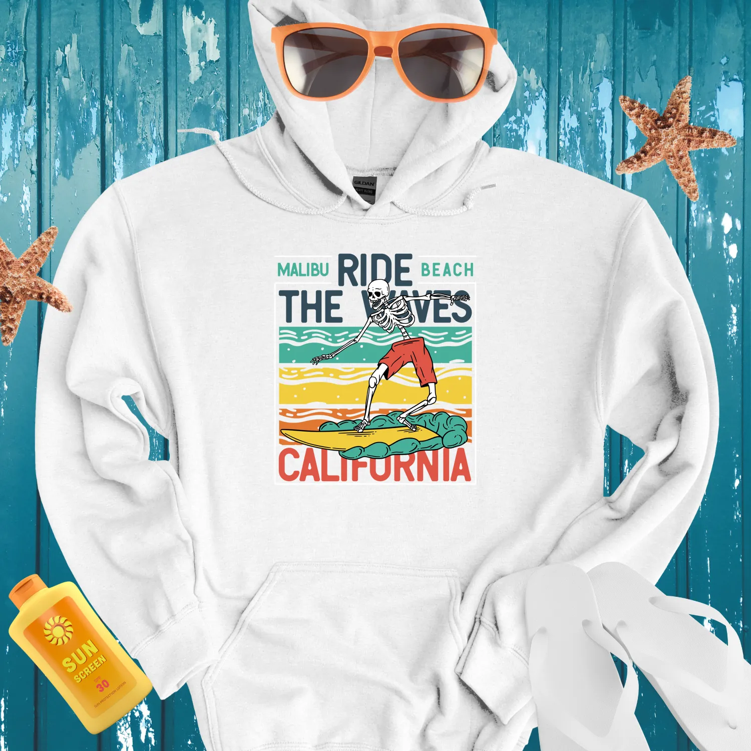 Retro Skeleton Surf Hoodie With Bright Yellow Board