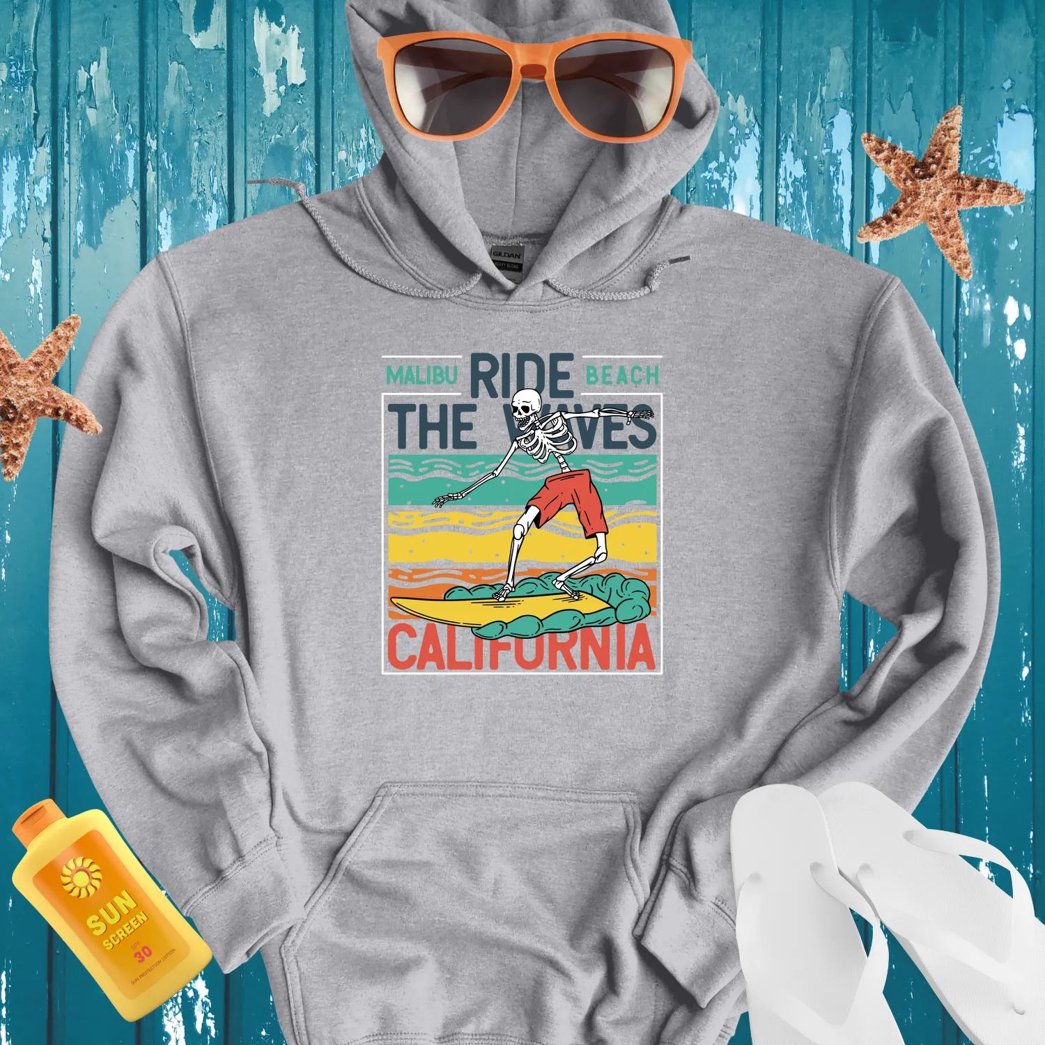 Retro Skeleton Surf Hoodie With Bright Yellow Board