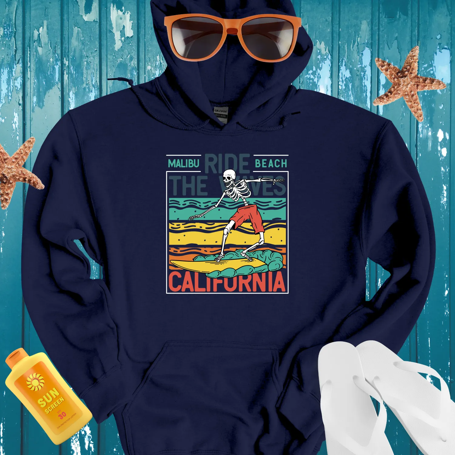 Retro Skeleton Surf Hoodie With Bright Yellow Board