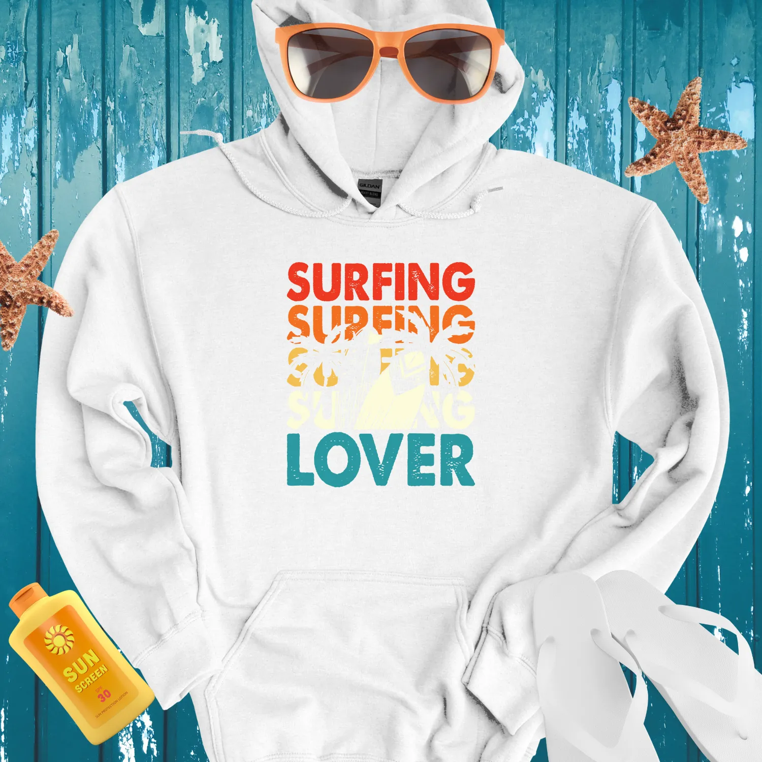 Retro Surfing Lover Hoodie With Vibrant Beach Design