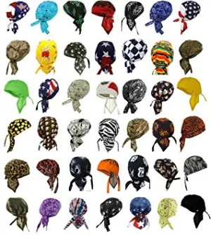 Set of 12 Dorags Bandana Caps Headwraps Dozen Assorted Bikers Skull Hats Doo Rags Durags, Various Designs