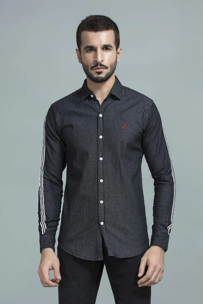 Side Stripe Black Denim Shirt