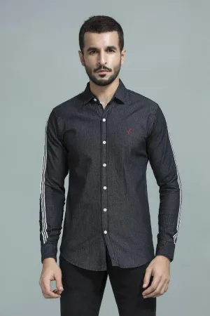 Side Stripe Black Denim Shirt