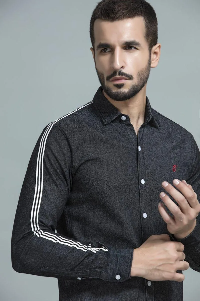 Side Stripe Black Denim Shirt