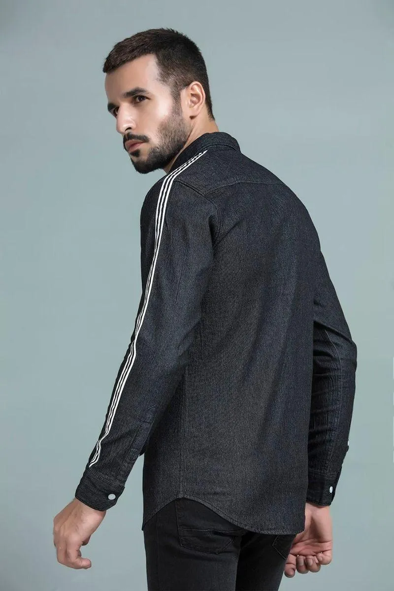 Side Stripe Black Denim Shirt