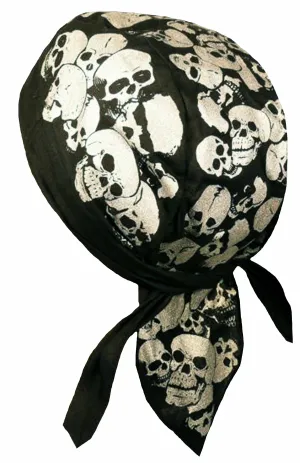 Skull Doo Rag Motorcycle Cap Skeleton Heads Silver and Black Skulls Biker Dorag w/ Sweatband MADE IN AMERICA