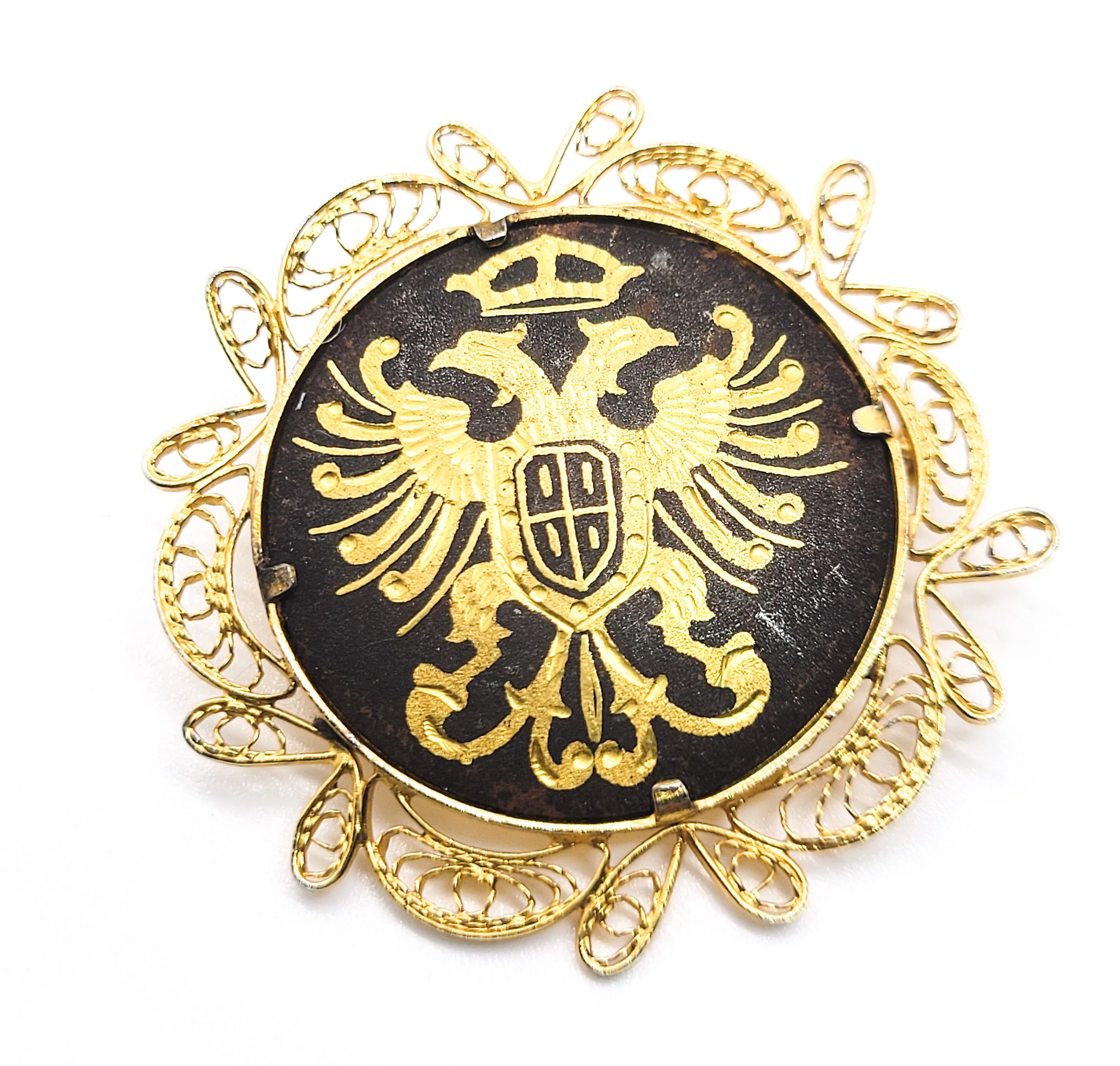 Spanish Damascene crested Double headed bird vintage gold toned brooch pin