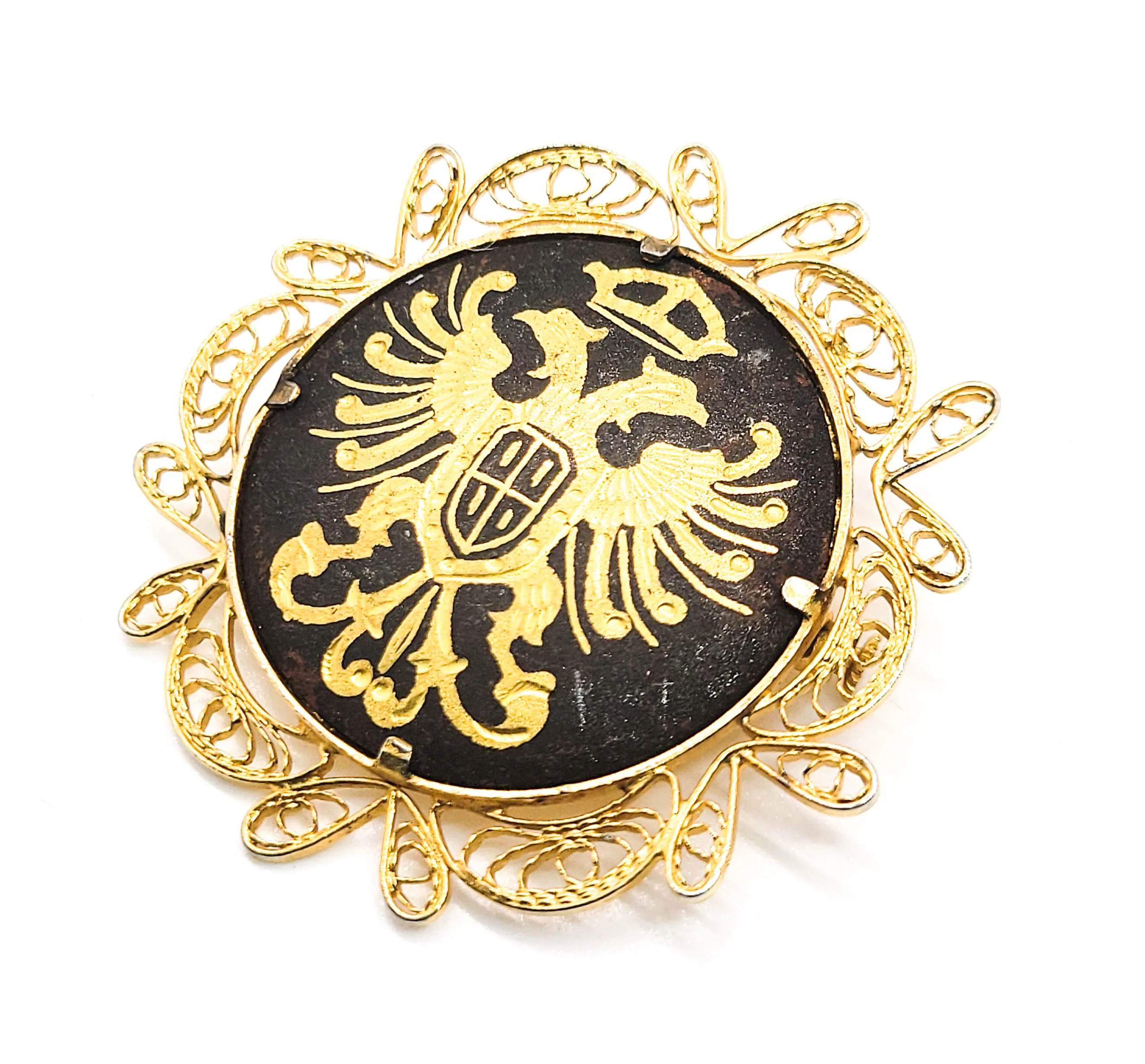 Spanish Damascene crested Double headed bird vintage gold toned brooch pin