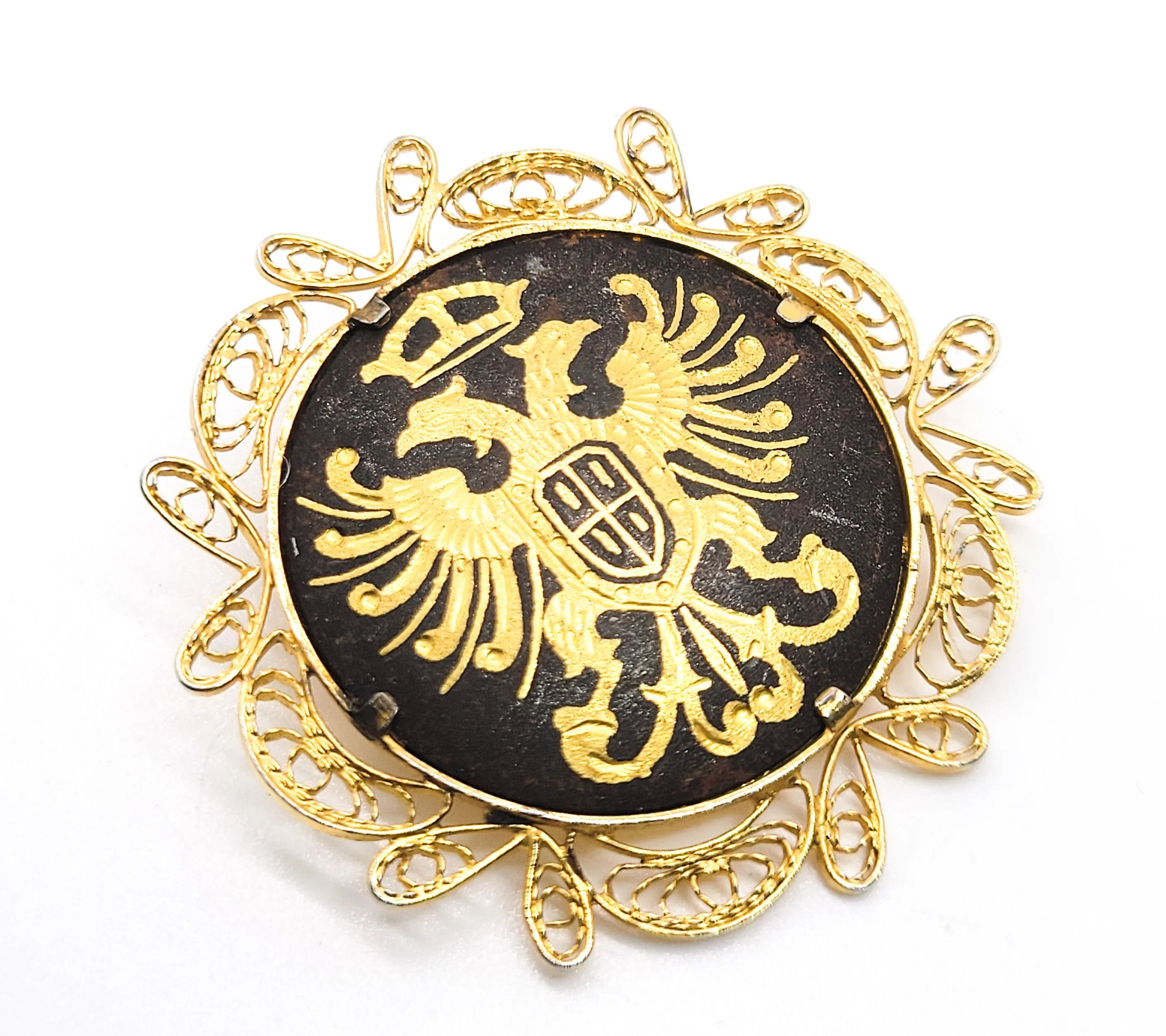 Spanish Damascene crested Double headed bird vintage gold toned brooch pin