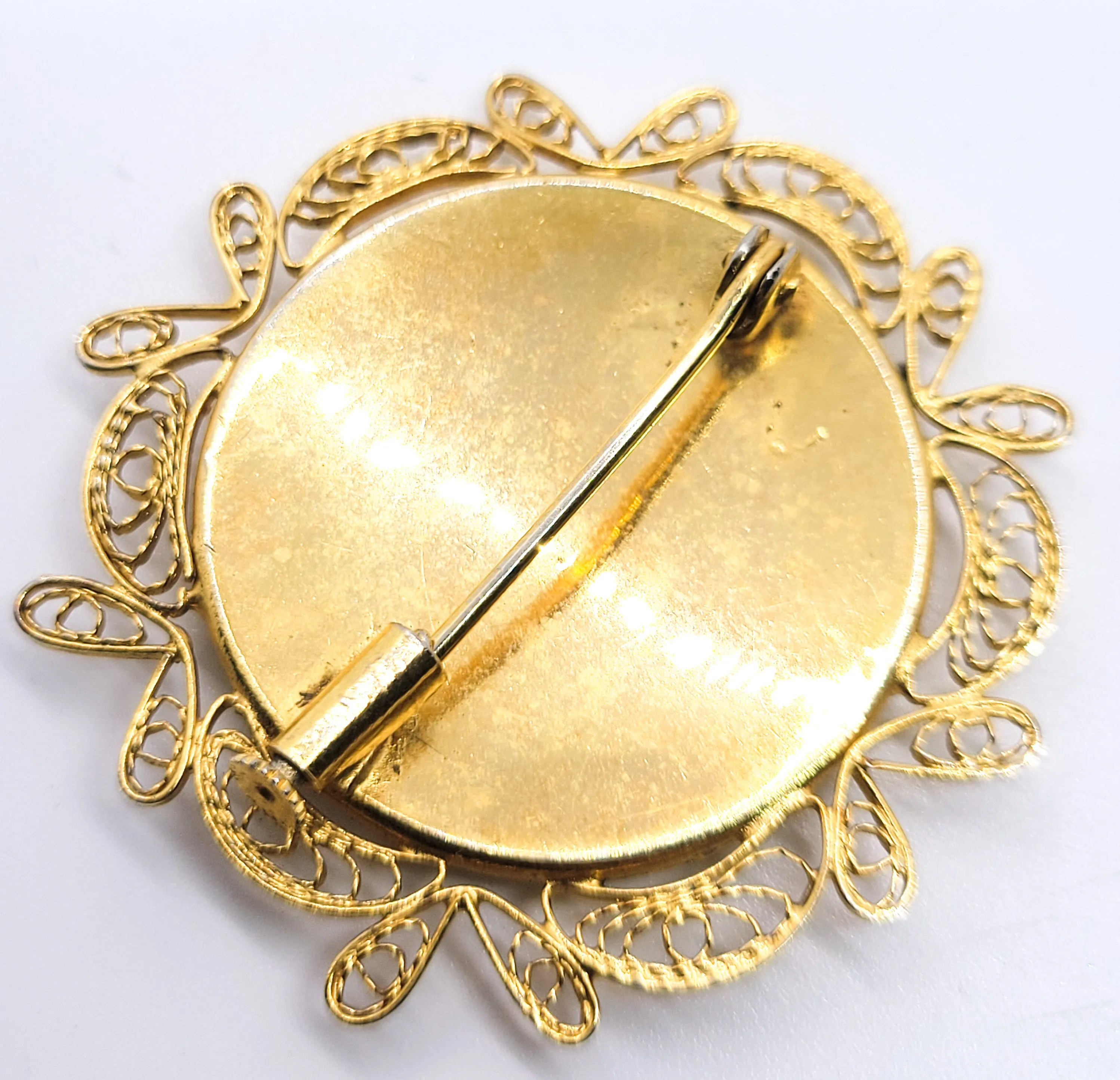 Spanish Damascene crested Double headed bird vintage gold toned brooch pin