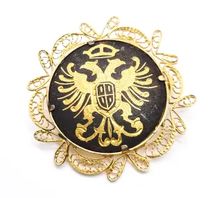Spanish Damascene crested Double headed bird vintage gold toned brooch pin
