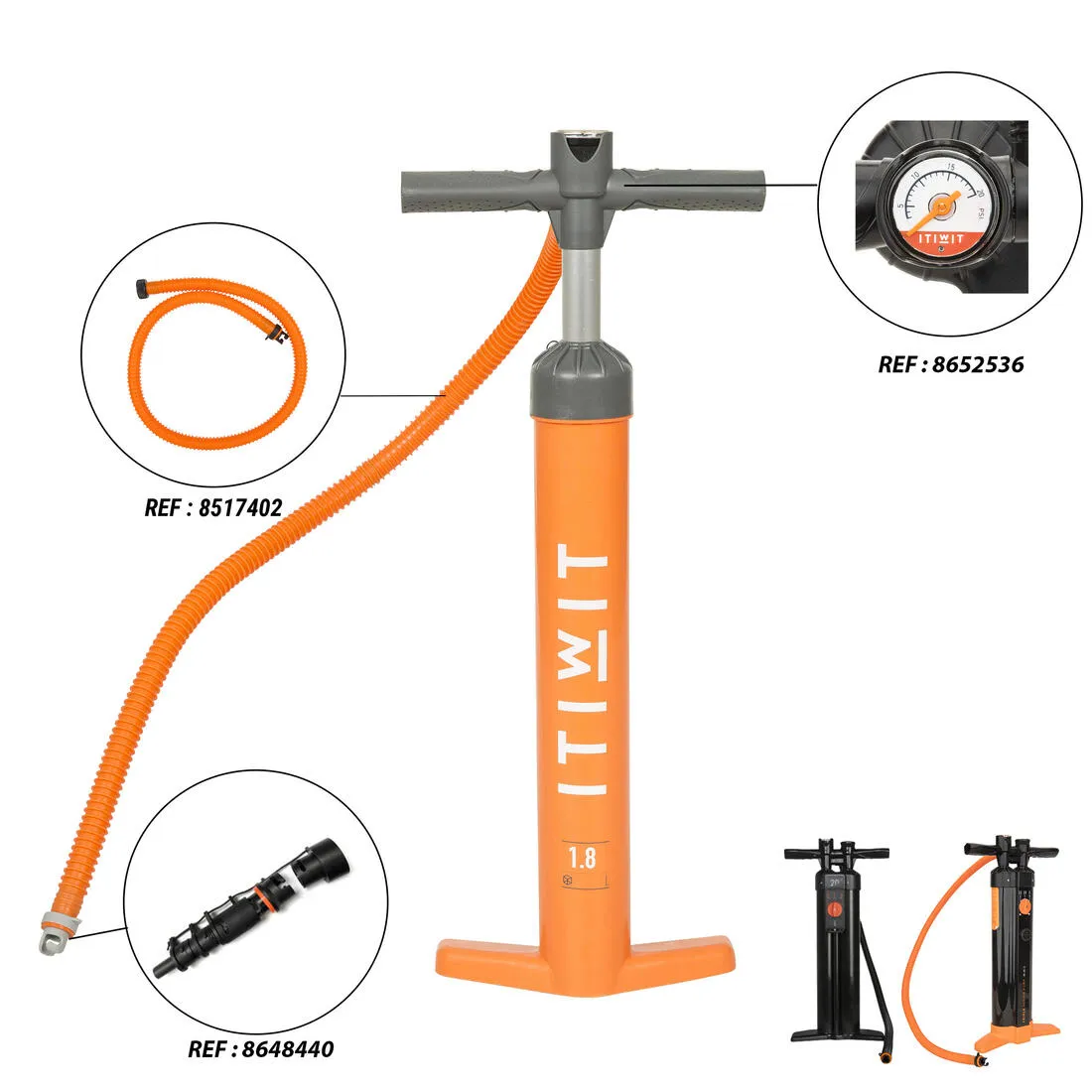 STAND-UP PADDLE DOUBLE-ACTION HIGH-PRESSURE HAND PUMP 20 PSI - ORANGE