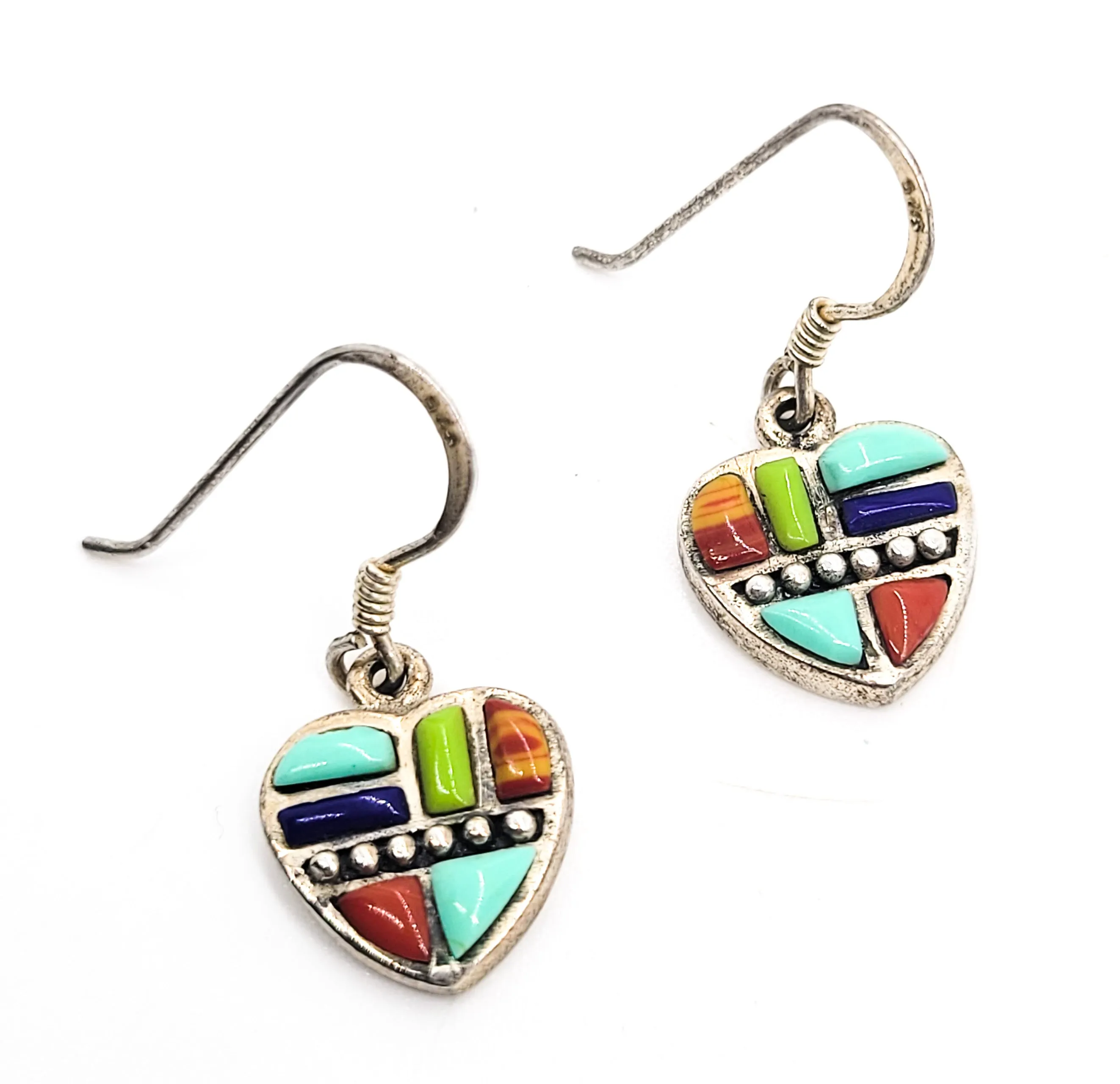 SU TH Southwestern gemstone inlay heart vintage signed drop sterling silver earrings