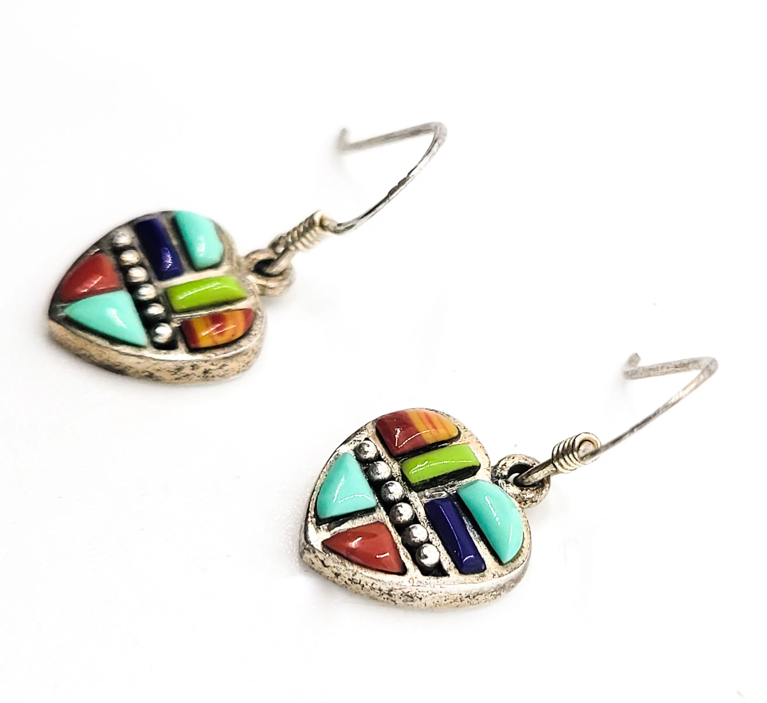 SU TH Southwestern gemstone inlay heart vintage signed drop sterling silver earrings