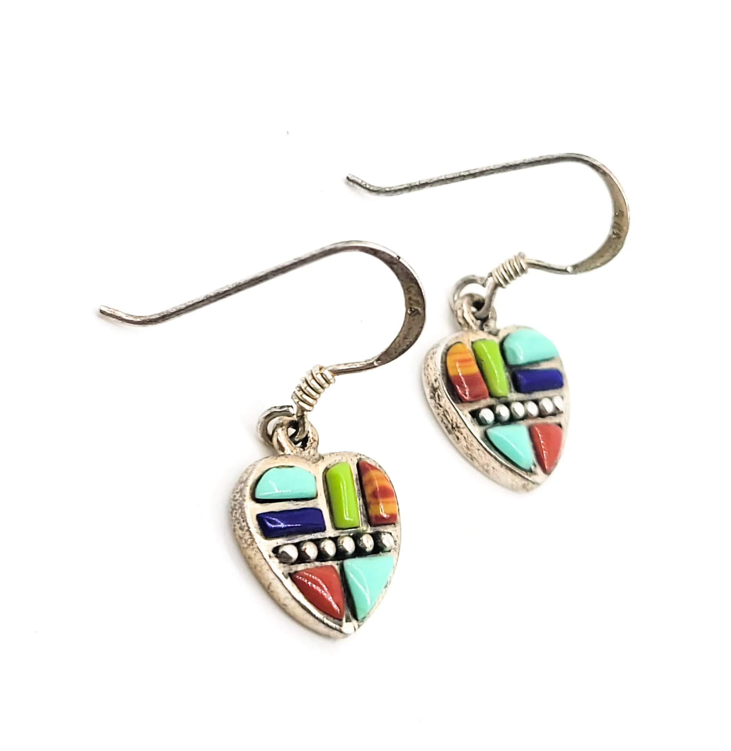 SU TH Southwestern gemstone inlay heart vintage signed drop sterling silver earrings