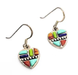 SU TH Southwestern gemstone inlay heart vintage signed drop sterling silver earrings