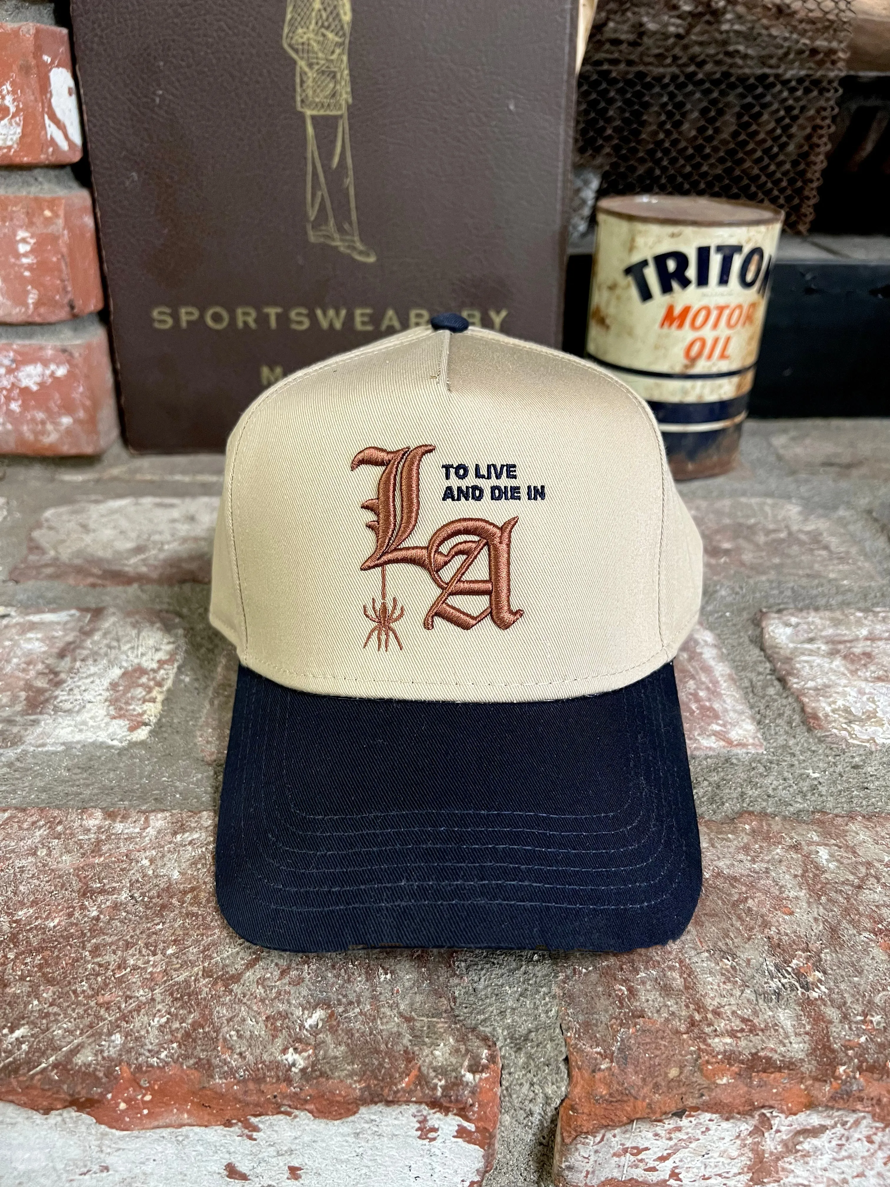 To live and Die in LA 5 Panel Snap Back Cap in Beige/Navy