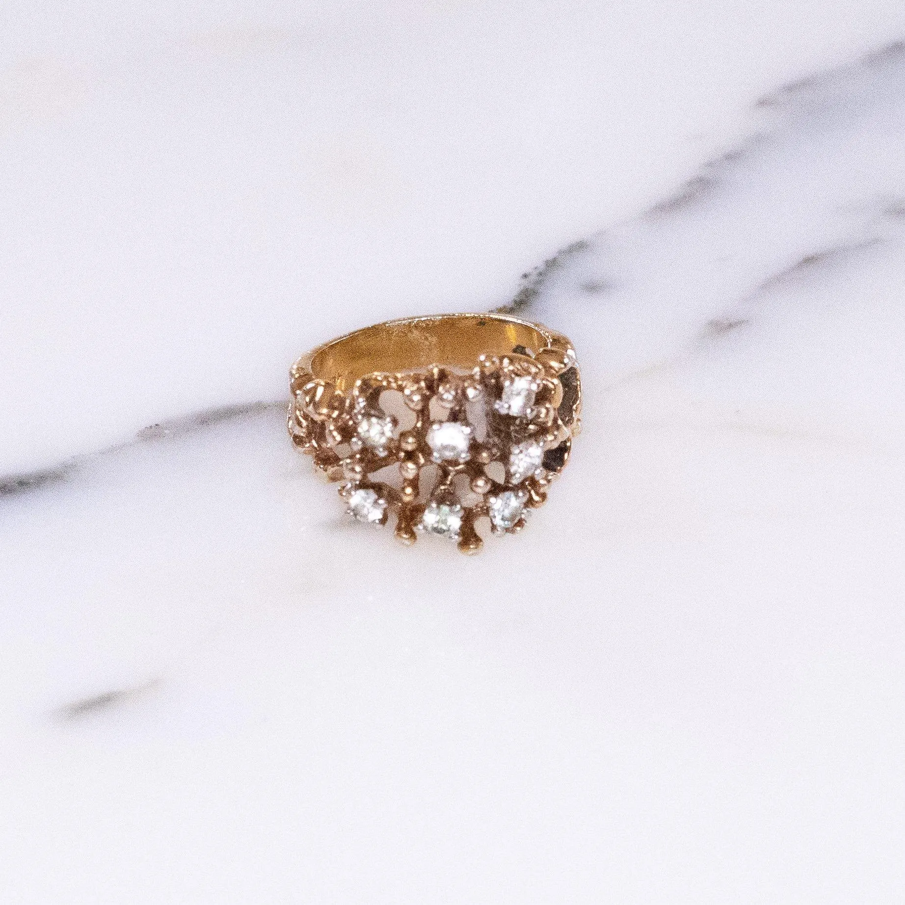 Vintage Brutalist Modern Gold Ring with Crystals