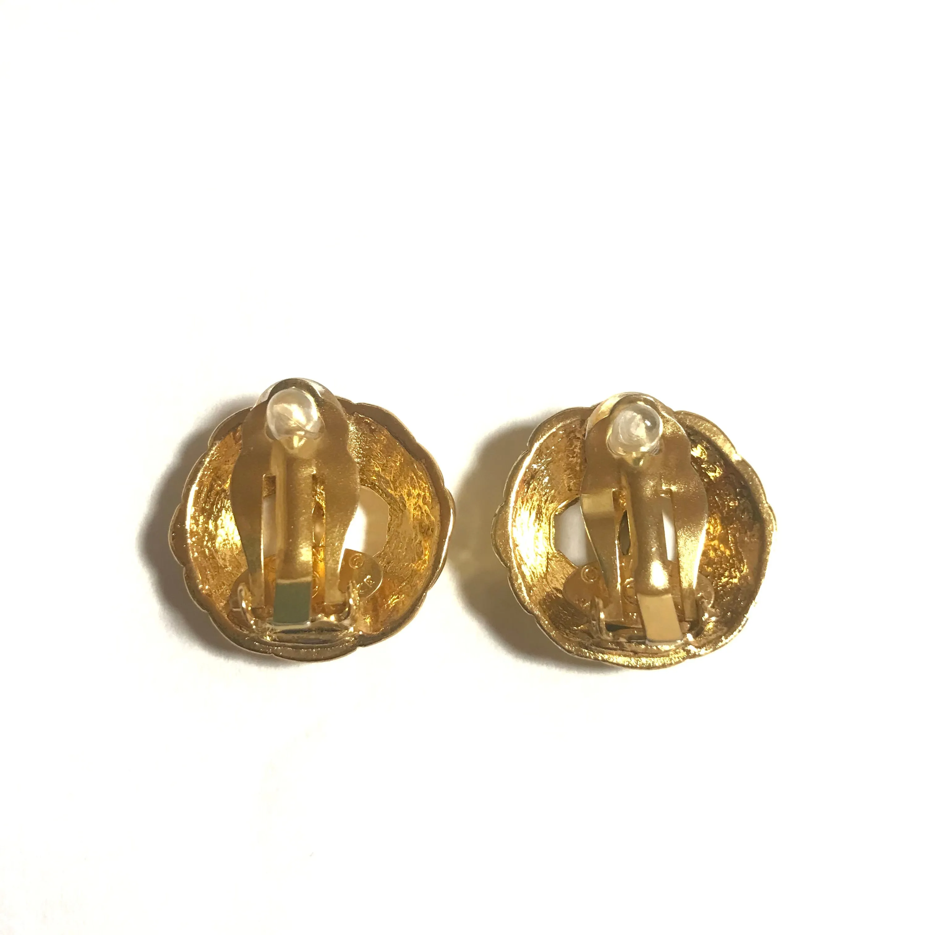 Vintage CHANEL gold tone round earrings with CC mark. Classic vintage Chanel jewelry.