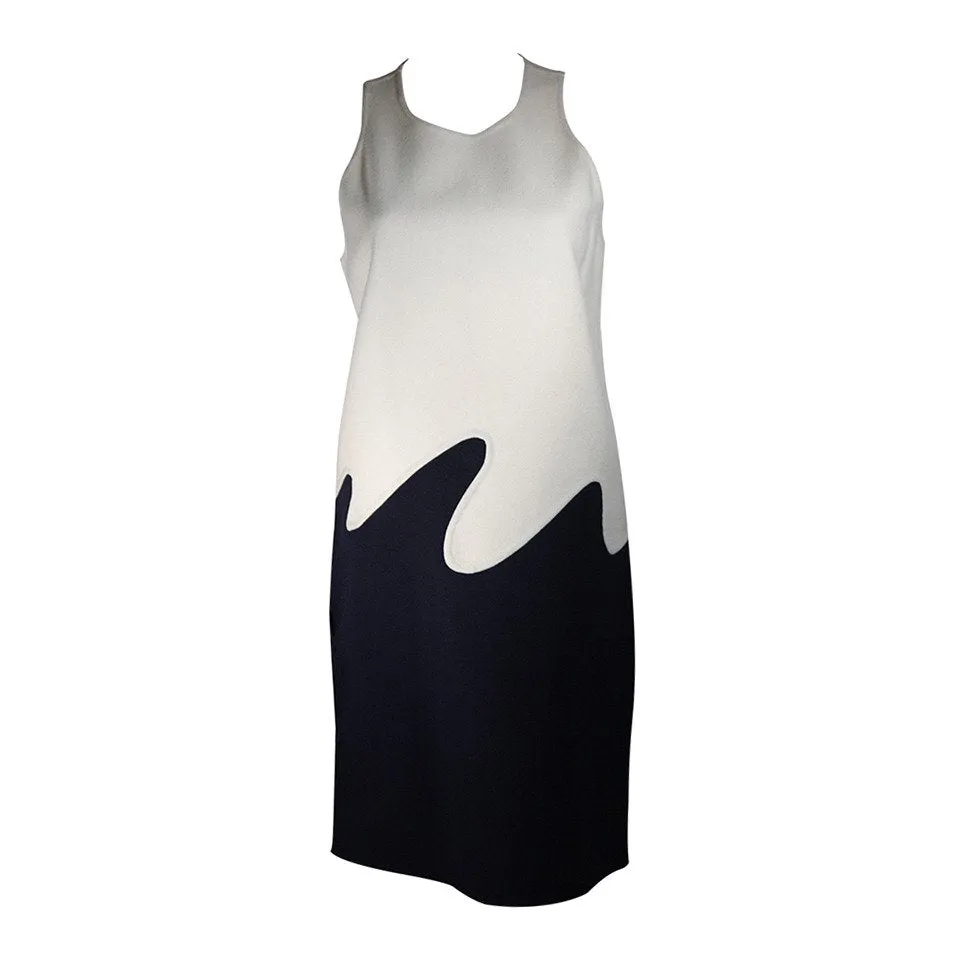 VINTAGE Circa 1960s Cream and Navy Wool 'Wave' Dress Size Small