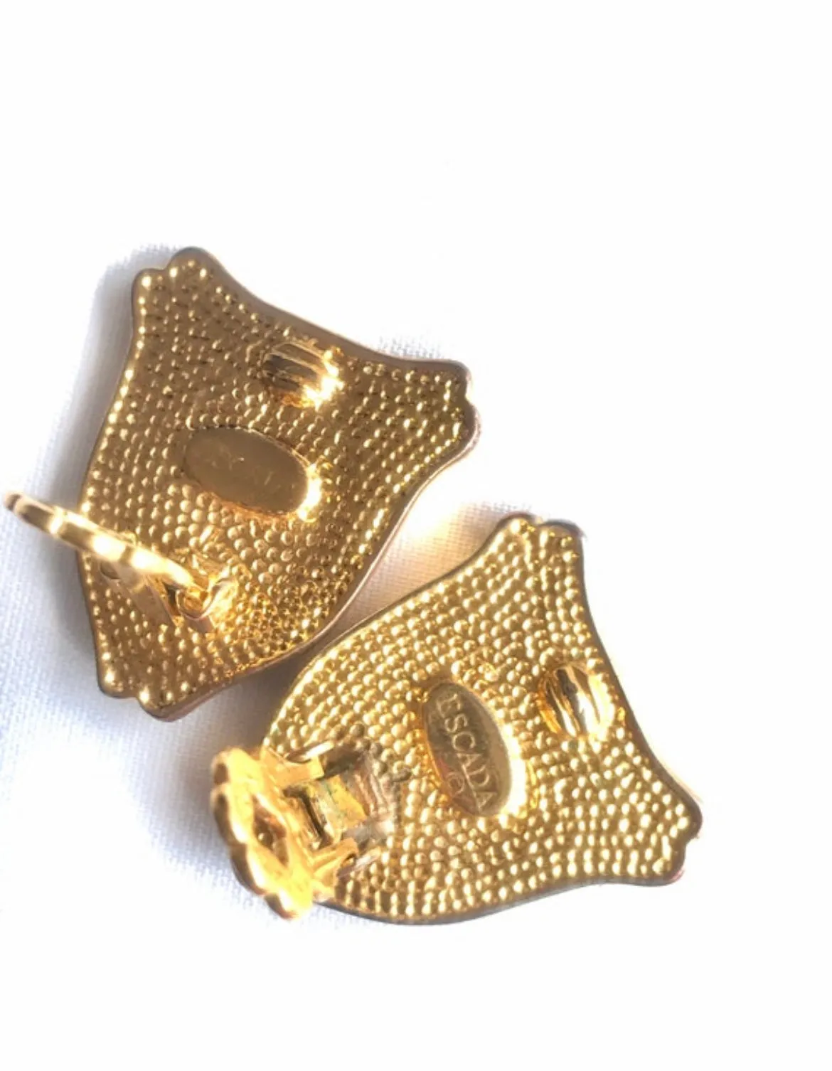 Vintage ESCADA navy and golden flag design earrings. Beautiful vintage jewelry.