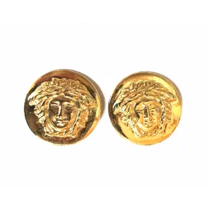 Vintage Gianni Versace round gold tone medusa face motif earrings. Must have Lady Gaga style jewelry piece. Great gift. 060523re4