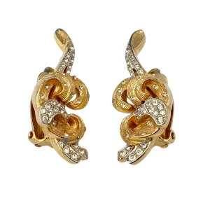 Vintage Gold Wave with Pave Set Crystal Earrings