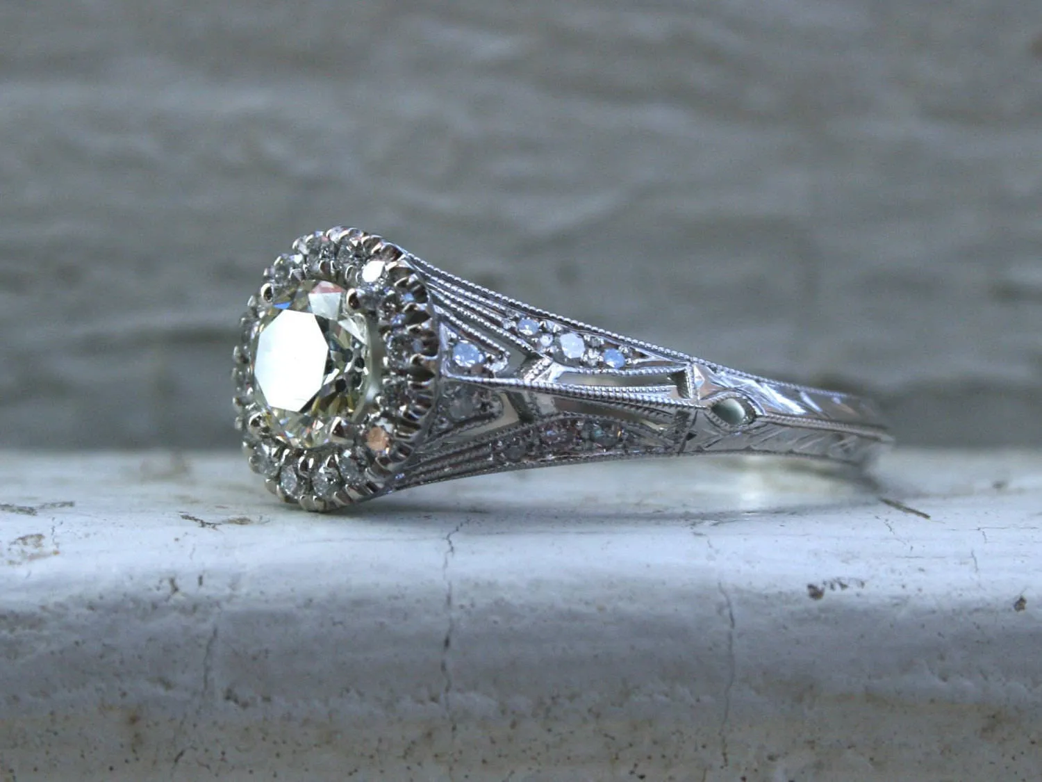 Vintage Inspired Diamond Halo Filigree Engagement Ring Wedding Ring in 14K White Gold.