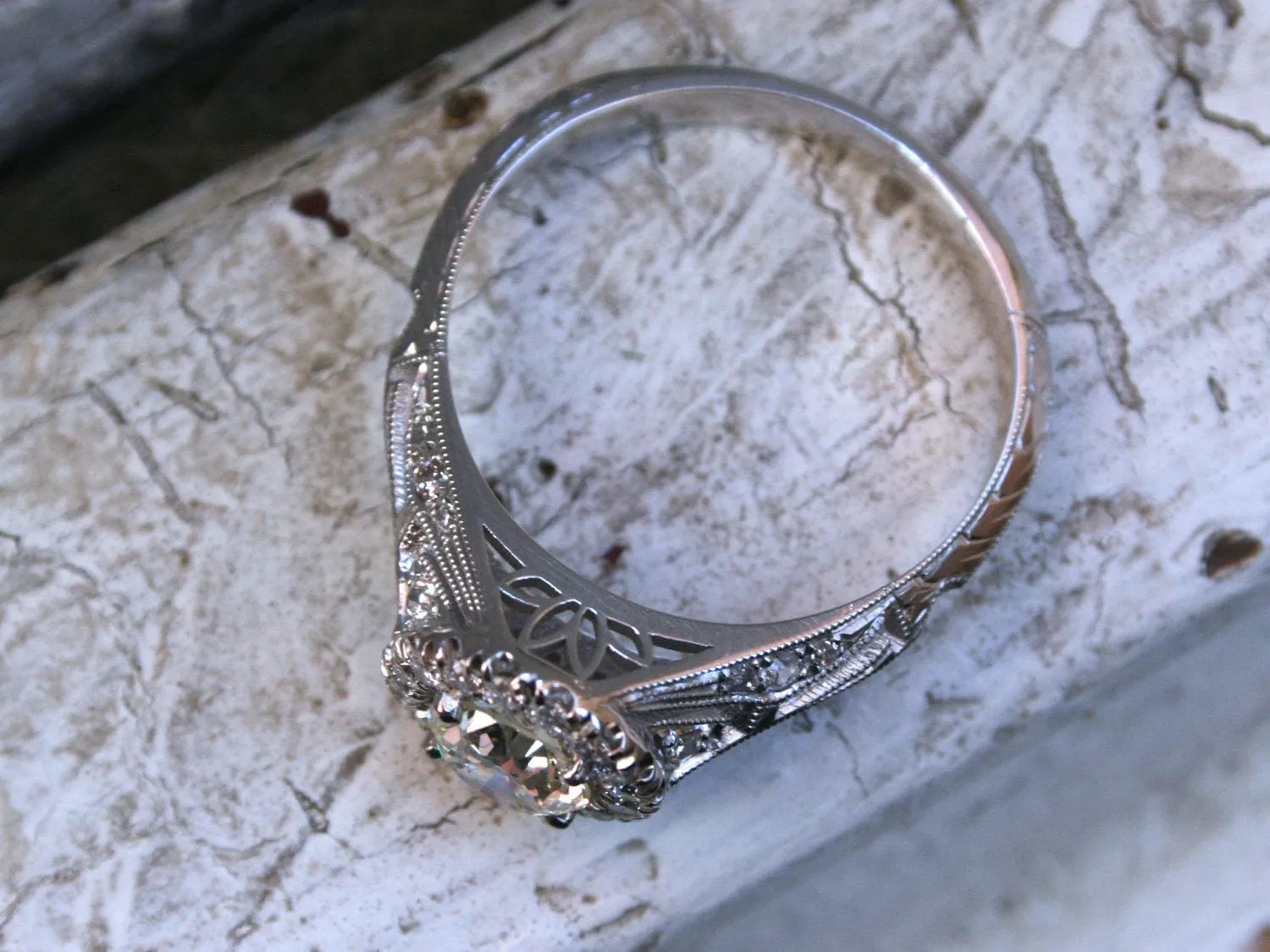 Vintage Inspired Diamond Halo Filigree Engagement Ring Wedding Ring in 14K White Gold.