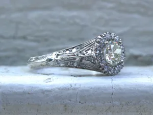 Vintage Inspired Diamond Halo Filigree Engagement Ring Wedding Ring in 14K White Gold.