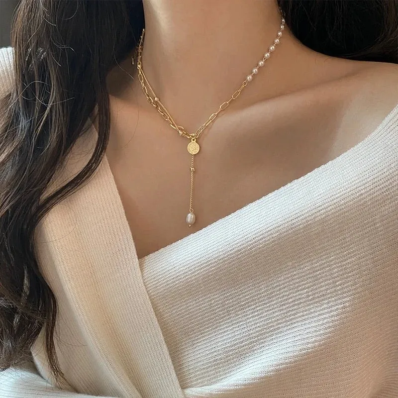 Vintage Korean Double Layer Pearl Chain Necklace