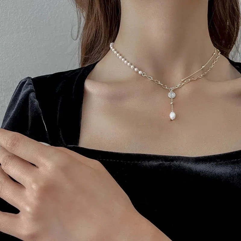 Vintage Korean Double Layer Pearl Chain Necklace