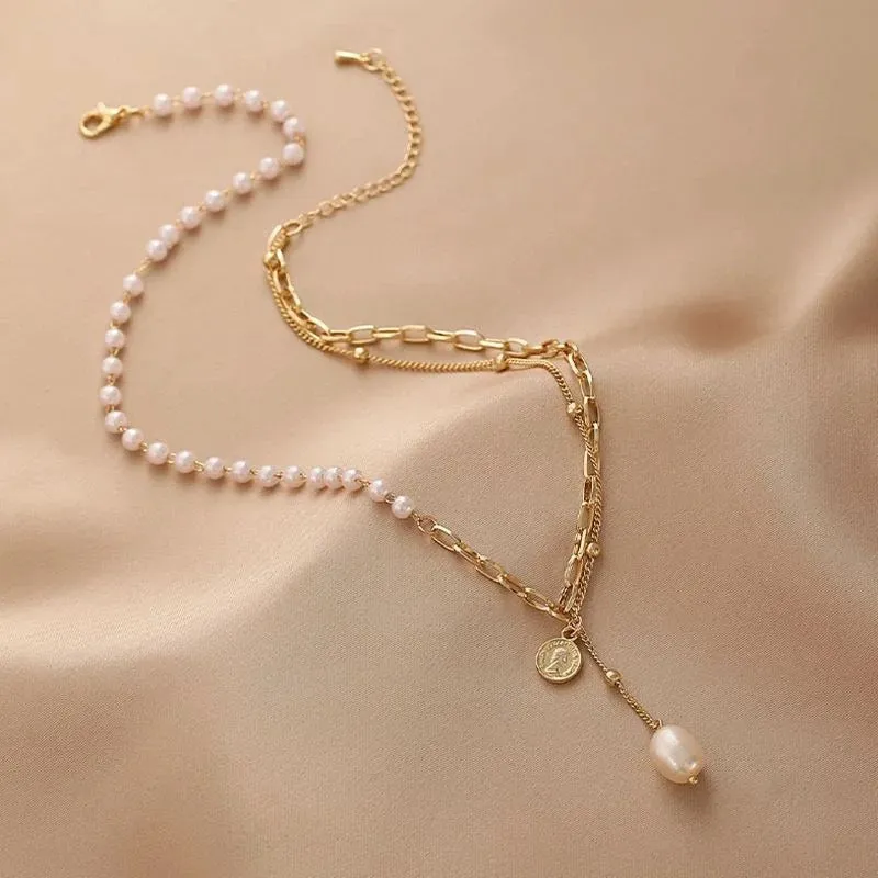 Vintage Korean Double Layer Pearl Chain Necklace