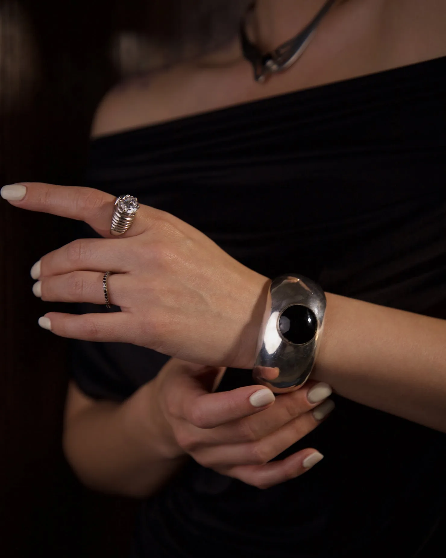 Vintage Oversized Modernist Silver & Onyx Cuff