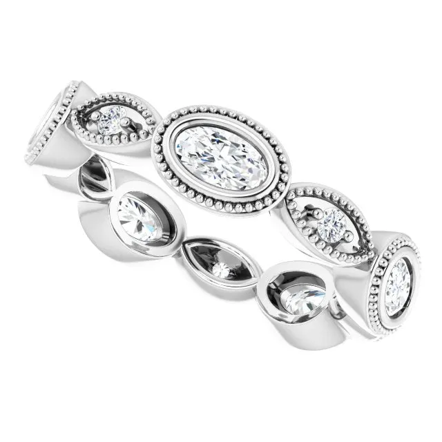 Vintage Style 1.17 ct. Oval & Round Diamond Eternity Band Milgrain Accent Wedding Ring