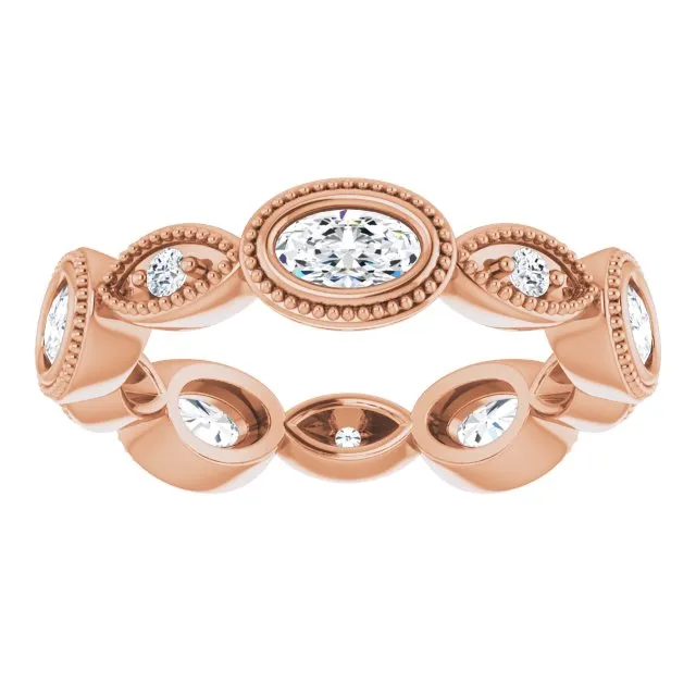 Vintage Style 1.17 ct. Oval & Round Diamond Eternity Band Milgrain Accent Wedding Ring