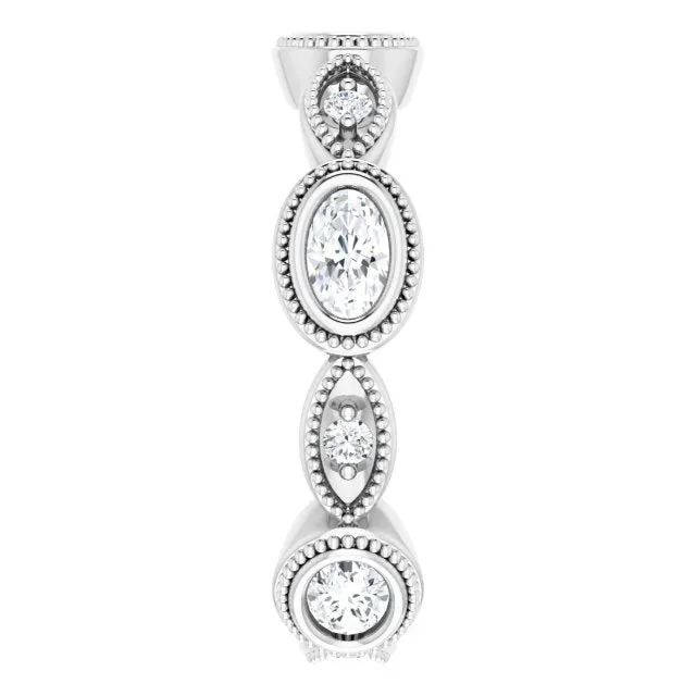 Vintage Style 1.17 ct. Oval & Round Diamond Eternity Band Milgrain Accent Wedding Ring