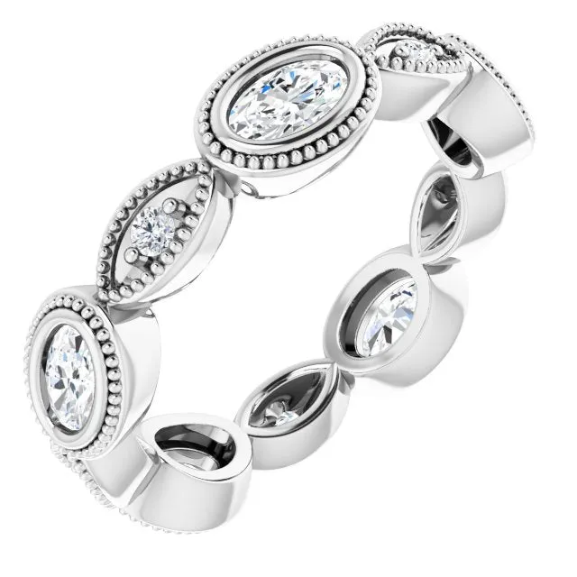 Vintage Style 1.17 ct. Oval & Round Diamond Eternity Band Milgrain Accent Wedding Ring