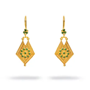 Vintage Style Gold & Emerald Design Dangle Earrings