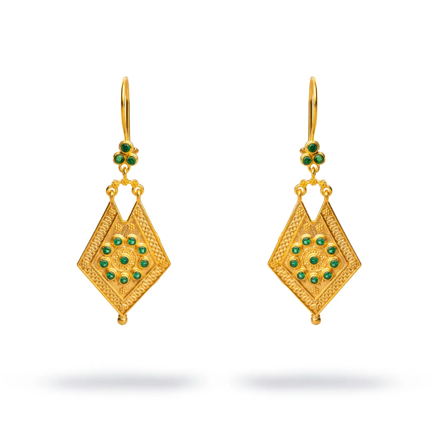 Vintage Style Gold & Emerald Design Dangle Earrings