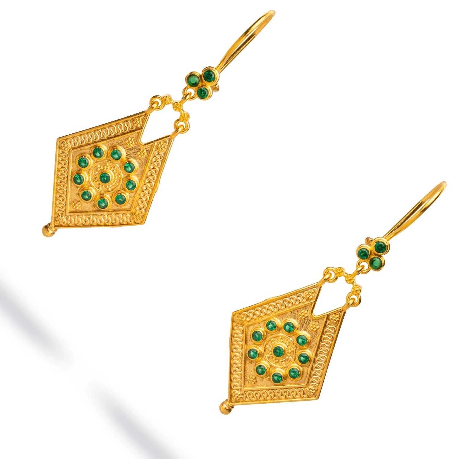 Vintage Style Gold & Emerald Design Dangle Earrings