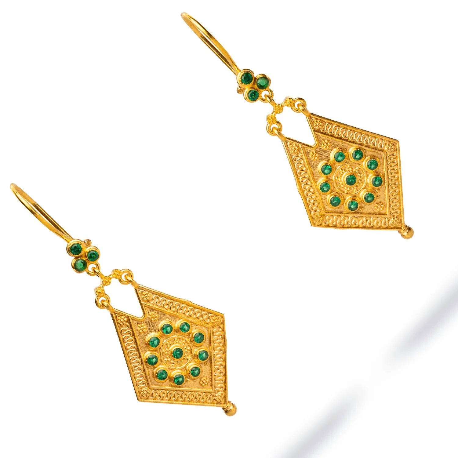 Vintage Style Gold & Emerald Design Dangle Earrings