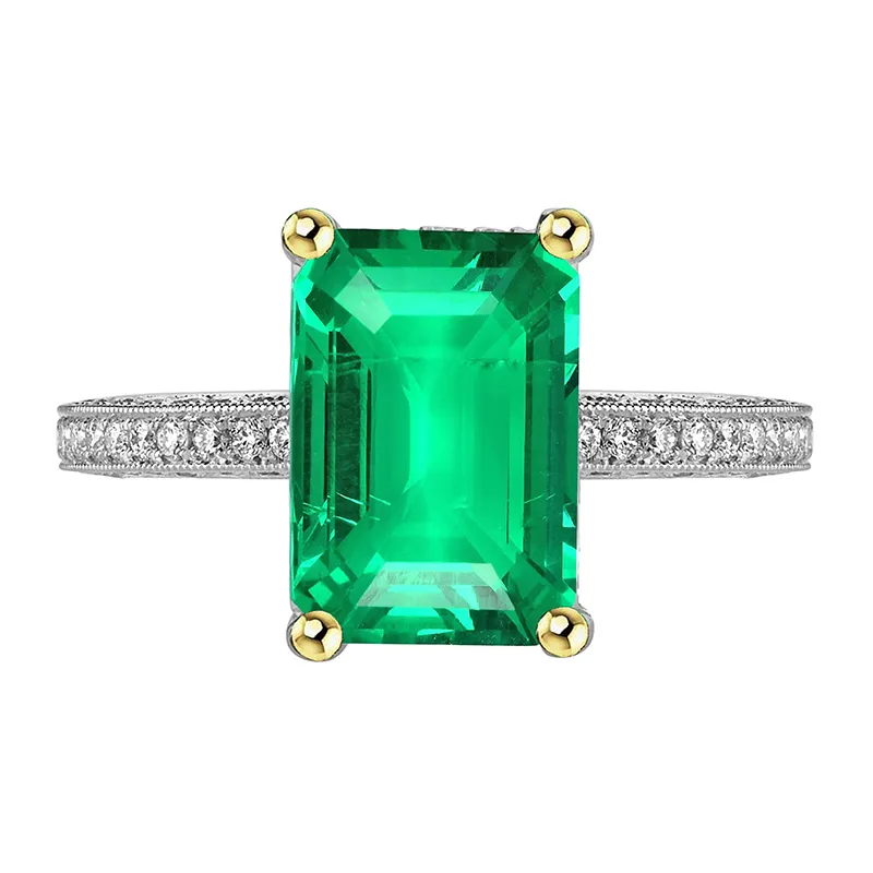 Vintage Style Ring Green Emerald Diamonds Milgrain Design
