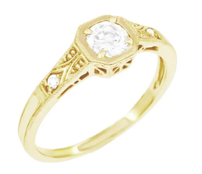 Vintage Style Yellow Gold Art Deco Filigree White Sapphire Engagement Ring - 18K or 14K