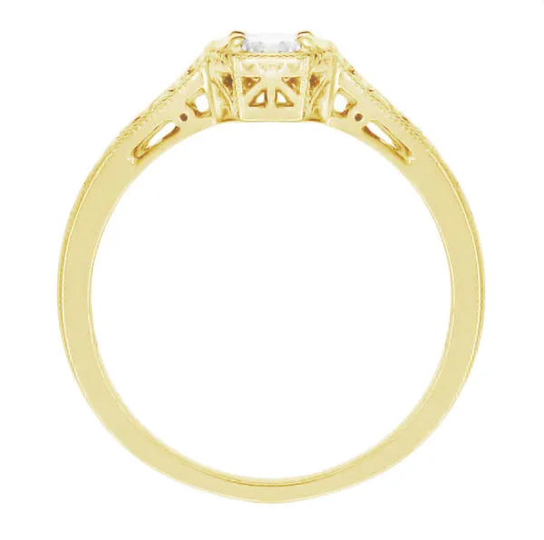 Vintage Style Yellow Gold Art Deco Filigree White Sapphire Engagement Ring - 18K or 14K