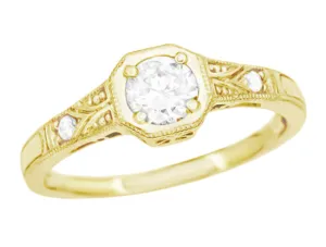 Vintage Style Yellow Gold Art Deco Filigree White Sapphire Engagement Ring - 18K or 14K