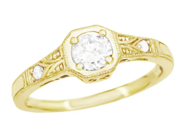 Vintage Style Yellow Gold Art Deco Filigree White Sapphire Engagement Ring - 18K or 14K