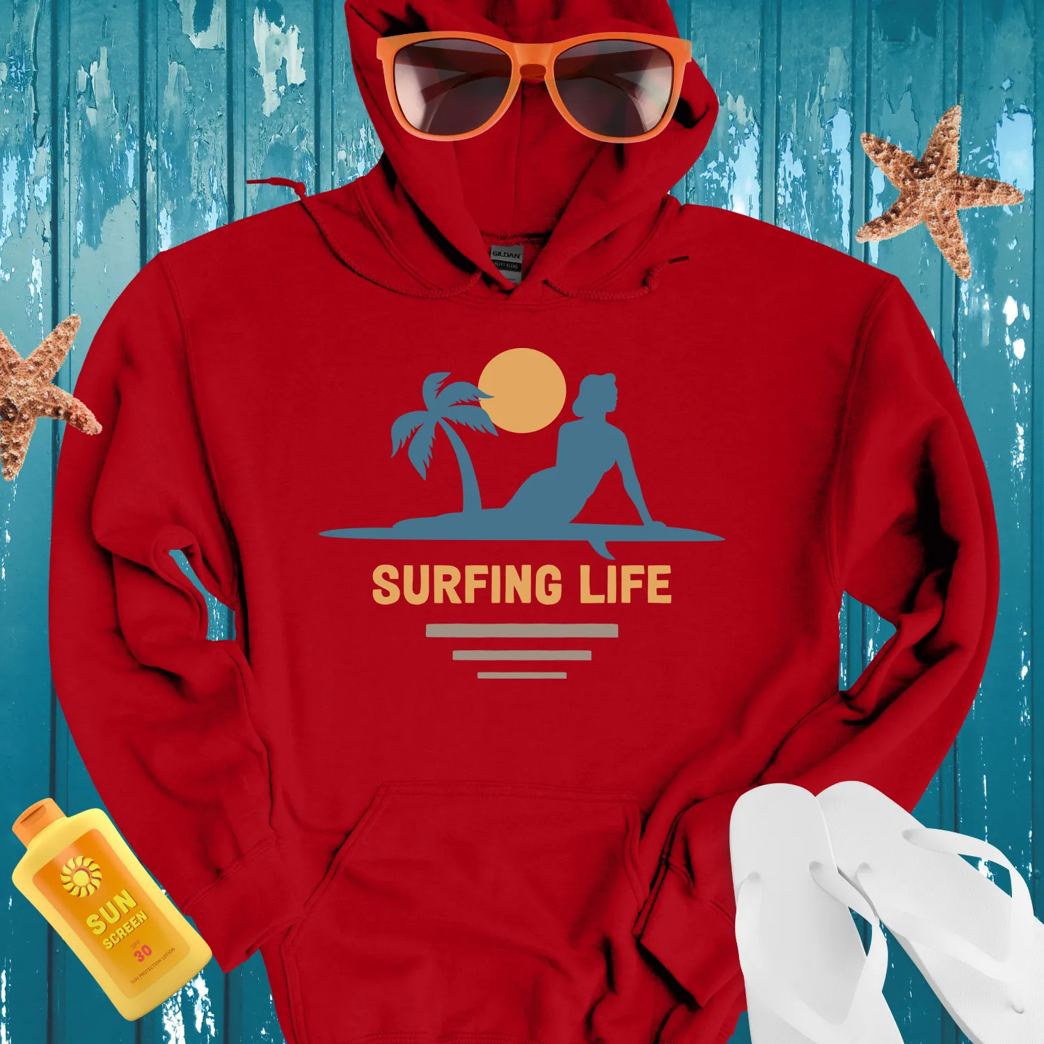 Vintage Surf Hoodie Featuring Iconic Surfing Life Design