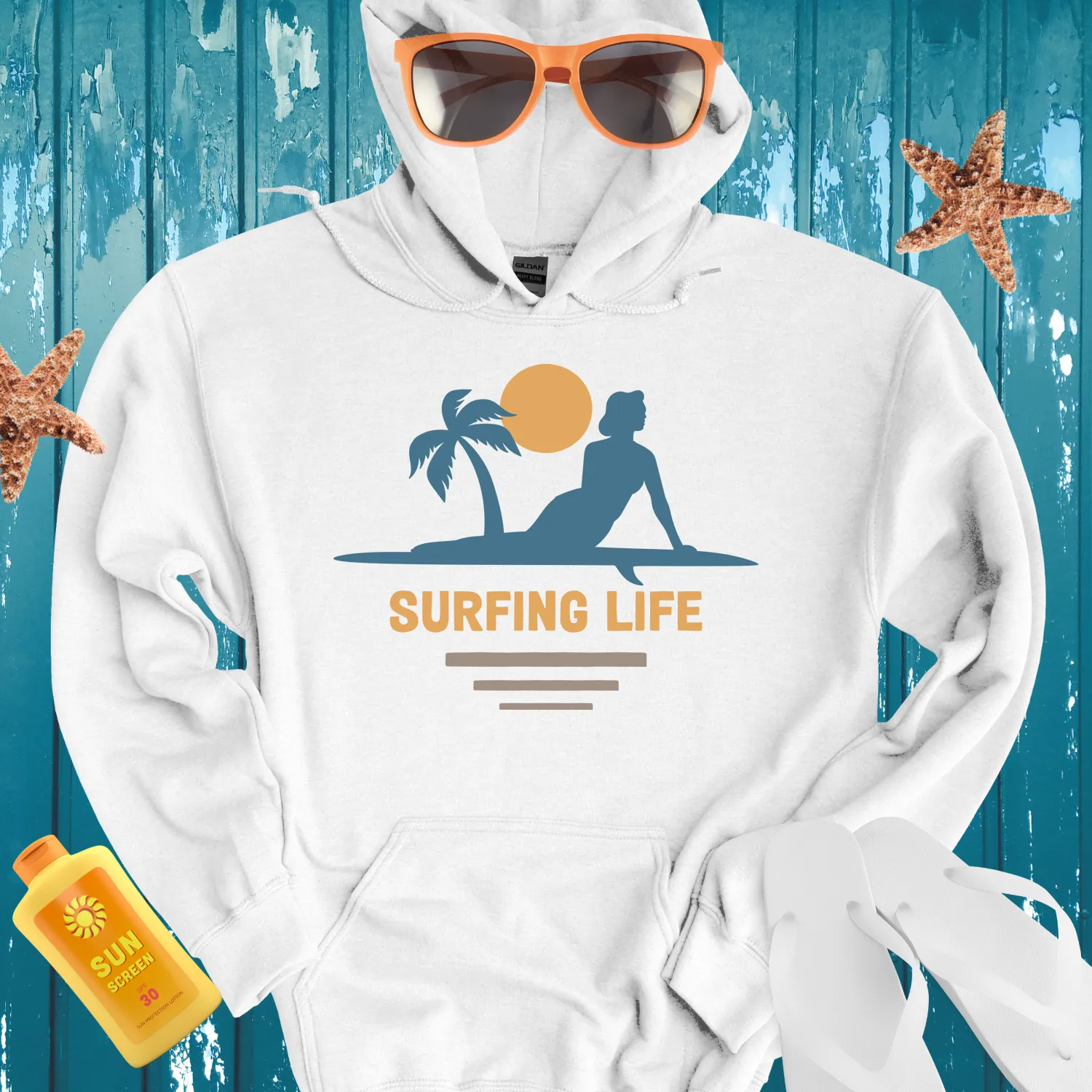 Vintage Surf Hoodie Featuring Iconic Surfing Life Design